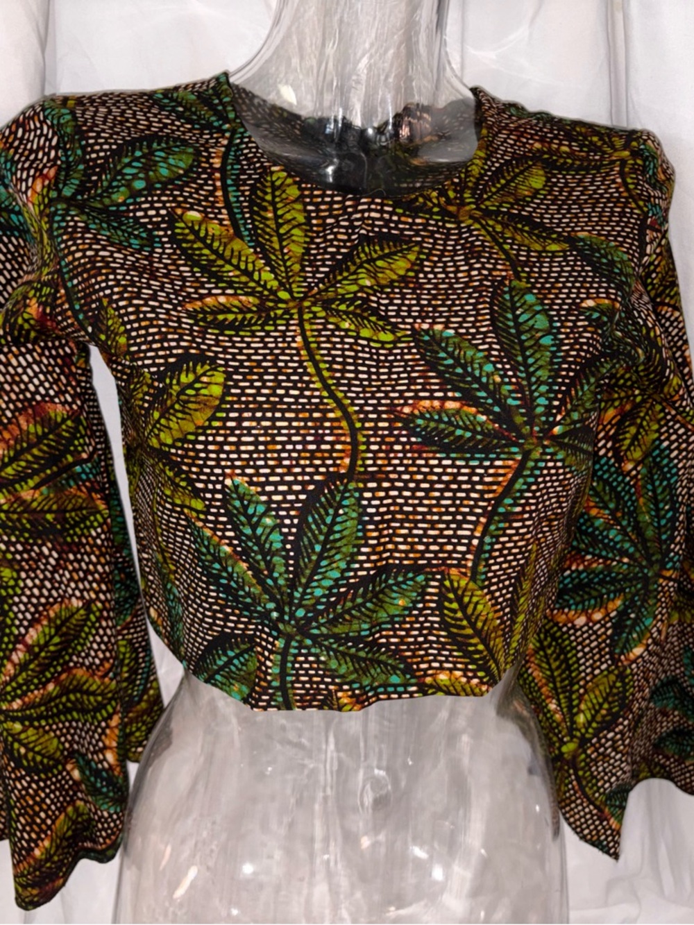 Botanical Print Bell Sleeve Crop Top Small Handmade Style